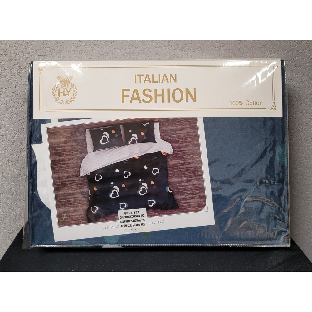 Italian Fashion Queen Size Duvet Cover Set 6 Pcs Design #HY-879 Blue Hearts
